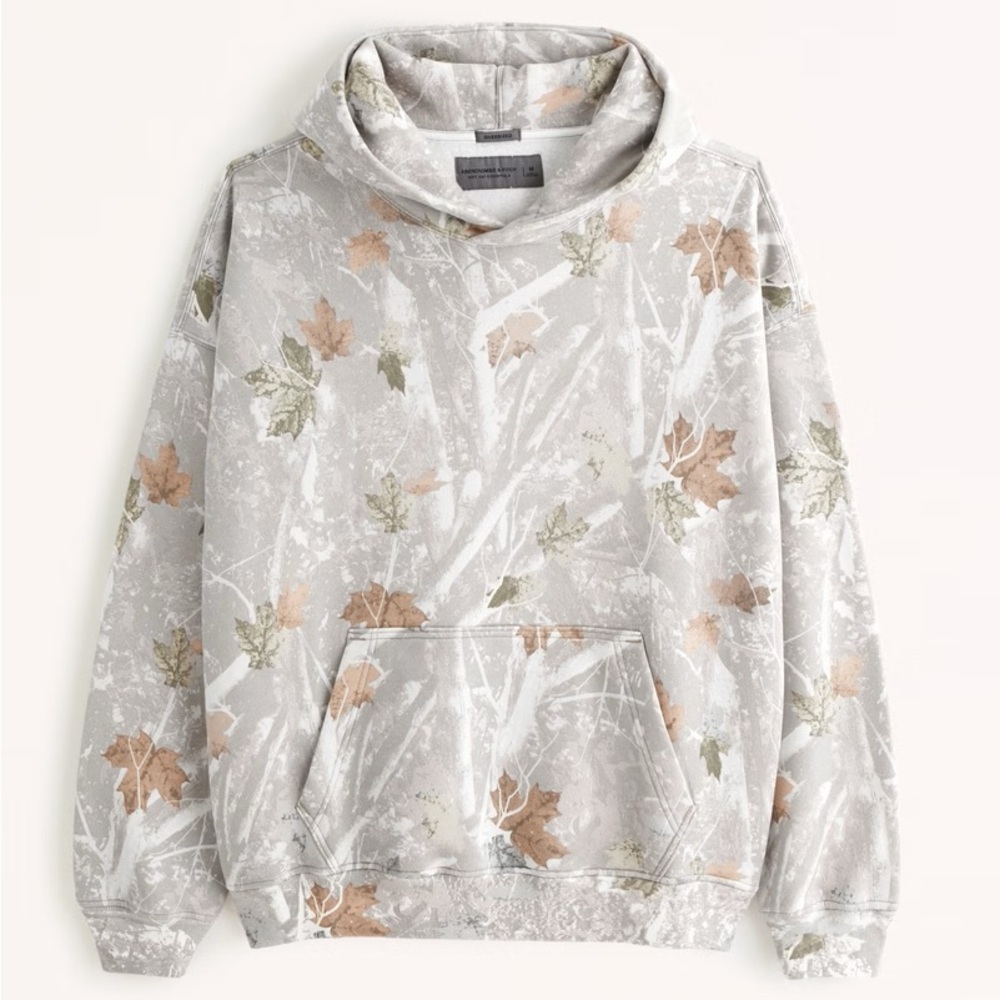 Abercrombie & Fitch Essential Popover Hoodie White Camo Leaves Medium